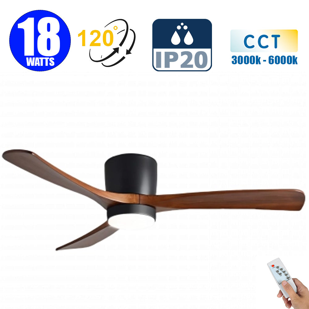 Ventilateur de plafond LED filaire - Série FRESH - Version BOIS - 18 Watts - 1440 Lumens - 80 Lumens/watt - CCT (Couleur Changeante en Température) 3000k/4000k/6000k - IP20 - Angle 120° -  114 x 25 cm - Modèle Noir - Avec télécommande