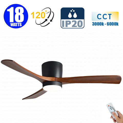 Ventilateur de plafond LED filaire - Série FRESH - Version BOIS - 18 Watts - 1440 Lumens - 80 Lumens/watt - CCT (Couleur Changeante en Température) 3000k/4000k/6000k - IP20 - Angle 120° -  114 x 25 cm - Modèle Noir - Avec télécommande