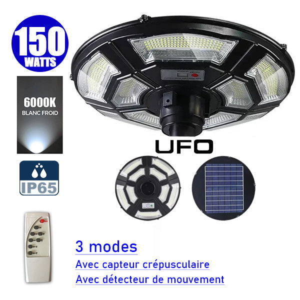 Lampe solaire pour extérieur - Série OVNI BASIC V2 - Rendu lumineux 150W - 950 Lumens - Angle 360° - IP65 - 55 x 15 cm - Tube d'insertion 60 / 76mm - Avec télécommande - Avec détecteur de mouvement - Avec capteur crépusculaire - 6000k