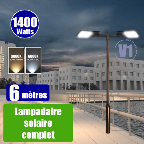 Pack lampadaire complet double tête 6 mètres : 2x Lampadaires solaires - Série VIEW V2 EVO 1400 Watts - 4500 Lumens - 3000k/6000k au choix + Mât STANDARD V1 EVO 6 mètres + Double tête de mât en ligne ou perpendiculaire