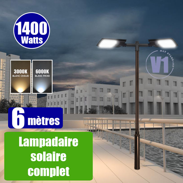 Pack lampadaire complet double tête 6 mètres : 2x Lampadaires solaires - Série VIEW V2 EVO 1400 Watts - 4500 Lumens - 3000k/6000k au choix + Mât STANDARD V1 EVO 6 mètres + Double tête de mât en ligne ou perpendiculaire