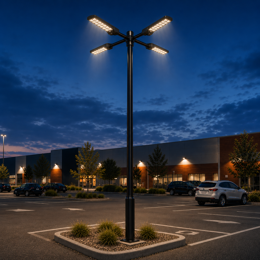 Pack lampadaire solaire complet quadruple tête 3/4/5/6 mètres au choix : 4x Lampadaires solaires - Série POWER ULTRA V2 CCT + Mât STANDARD V1 EVO + Adaptateur quadruple tête de mât + 4x Adaptateurs ajustables 80/50mm