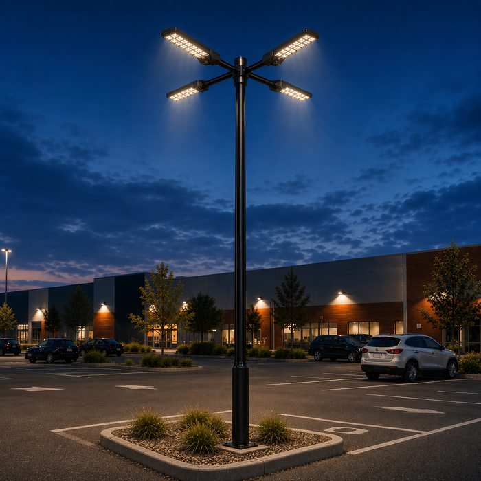 Pack lampadaire solaire complet quadruple tête 3/4/5/6 mètres au choix : 4x Lampadaires solaires - Série POWER ULTRA V2 CCT + Mât STANDARD V1 EVO + Adaptateur quadruple tête de mât + 4x Adaptateurs ajustables 80/50mm