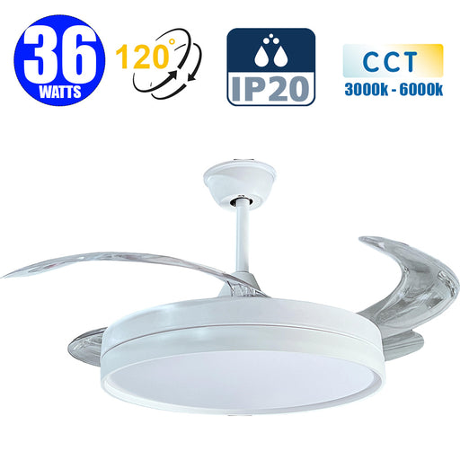 Ventilateur de plafond LED - Série FRESH - 36 Watts - 2880 Lumens - 80 Lumens/watt - CCT 3000k/4000k/6000k - IP20 - Angle 120° -  1067mm de diamètre - Modèle Blanc - Avec télécommande