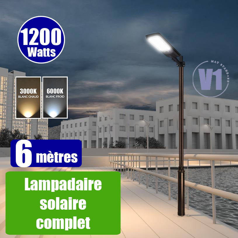 Pack lampadaire complet 6 mètres : Lampadaire solaire - Série VIEW V2 EVO 1200 Watts - 3600 Lumens - 3000k / 6000k au choix + Mât STANDARD V1 EVO 6 mètres + Adaptateur ajustable 80/50mm ou Support déporté 45mm