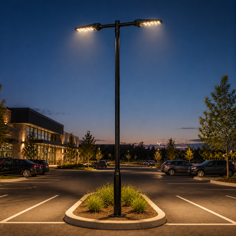 Pack lampadaire solaire complet double tête 3/4/5/6 mètres au choix : 2x Lampadaires solaires - Série POWER ULTRA V2 CCT + Mât STANDARD V1 EVO + Adaptateur double tête de mât + 2x Adaptateurs ajustables 80/50mm