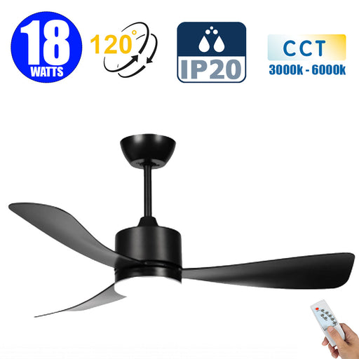 Ventilateur de plafond LED filaire - Série FRESH - 18 Watts - 1440 Lumens - 80 Lumens/watt - CCT (Couleur Changeante en Température) 3000k/4000k/6000k - IP20 - Angle 120° - 106 x 40 cm - Modèle Noir - Avec télécommande