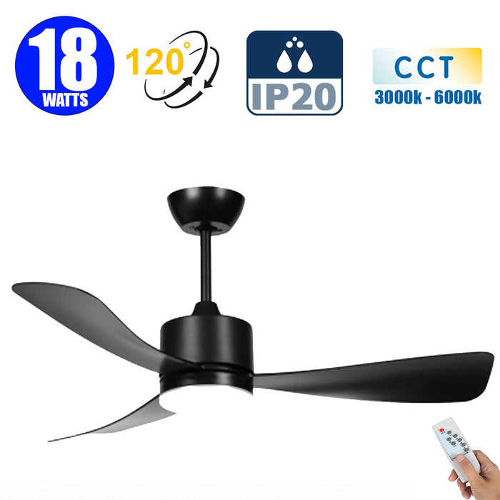 Ventilateur de plafond LED filaire - Série FRESH - 18 Watts - 1440 Lumens - 80 Lumens/watt - CCT (Couleur Changeante en Température) 3000k/4000k/6000k - IP20 - Angle 120° - 106 x 40 cm - Modèle Noir - Avec télécommande