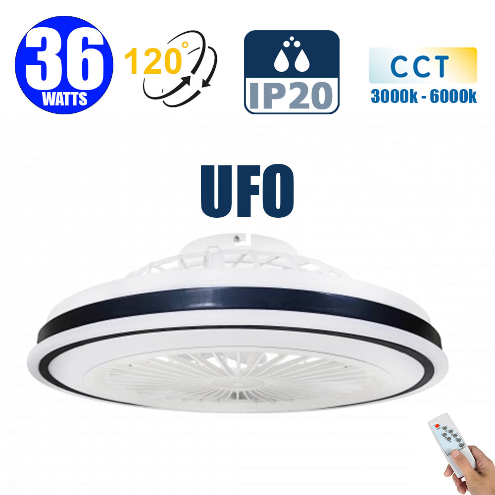 Ventilateur de plafond LED filaire - Série FRESH - Version OVNI - 36 Watts - 2880 Lumens - 80 Lumens/watt - CCT (Couleur Changeante en Température) 3000k/4000k/6000k - IP20 - Angle 120° -  48 x 17 x 7 - Modèle Noir - Avec télécommande