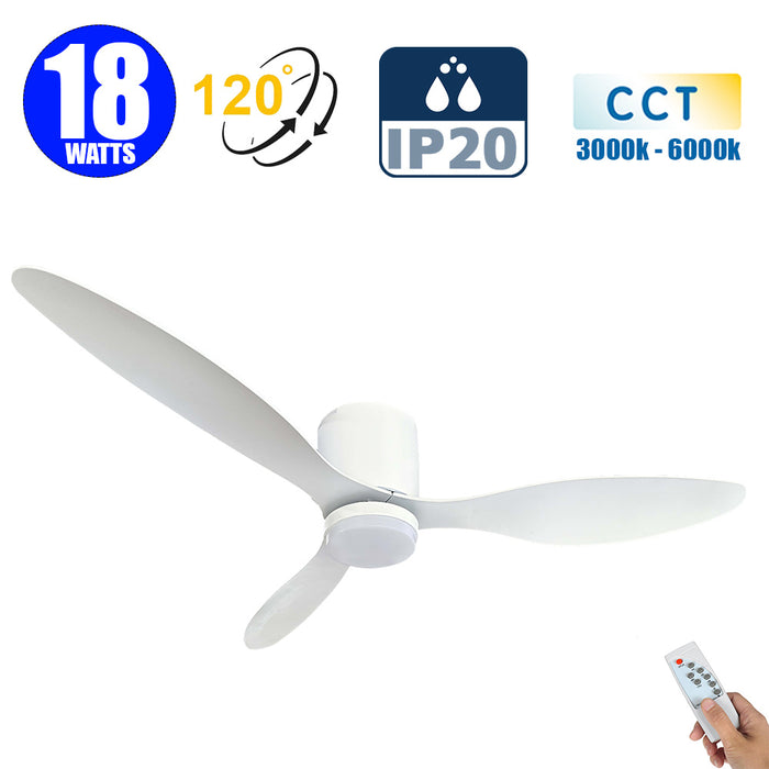 Ventilateur de plafond LED filaire - Série FRESH - 18 Watts - 1440 Lumens - 80 Lumens/watt - CCT (Couleur Changeante en Température) 3000k/4000k/6000k - IP20 - Angle 120° -  107 x 24 cm - Modèle Blanc - Avec télécommande