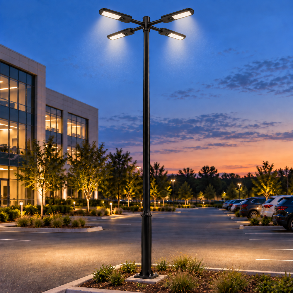 Pack lampadaire solaire complet Quadruple tête 3/4/5/6 mètres au choix : 4x Lampes solaires Série VIEW V2 EVO + Mât STANDARD V1 EVO - Entraxe des trous 200mm + Adaptateur quadruple tête 80/60 mm