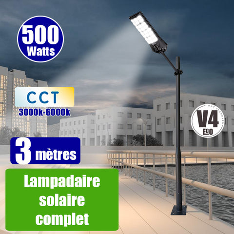 Pack lampadaire solaire complet 3 mètres : Lampadaire solaire - Série POWER ULTRA V2 CCT 500 Watts - 2400 Lumens + Mât STANDARD V4 ECO 3 mètres - Avec trappe + Support déporté 45mm