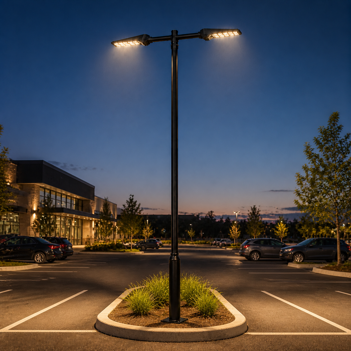 Pack lampadaire solaire complet double tête 3/4/5/6 mètres au choix : 2x Lampadaires solaires - Série POWER ULTRA V2 CCT + Mât STANDARD V1 EVO + Adaptateur double tête de mât + 2x Adaptateurs ajustables 80/50mm