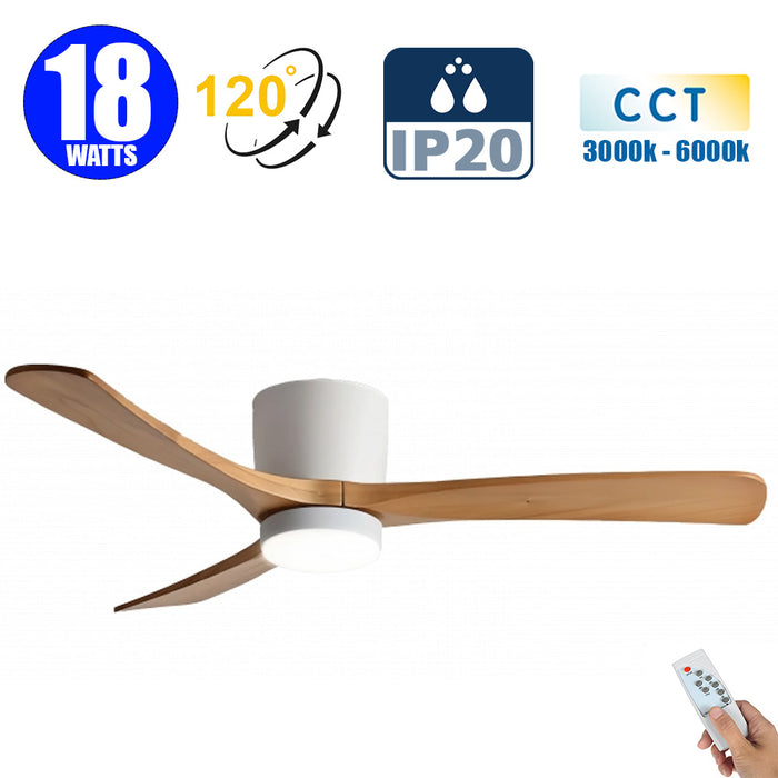 Ventilateur de plafond LED filaire - Série FRESH - Version BOIS - 18 Watts - 1440 Lumens - 80 Lumens/watt - CCT (Couleur Changeante en Température) 3000k/4000k/6000k - IP20 - Angle 120° -  114 x 25 cm - Modèle Blanc - Avec télécommande