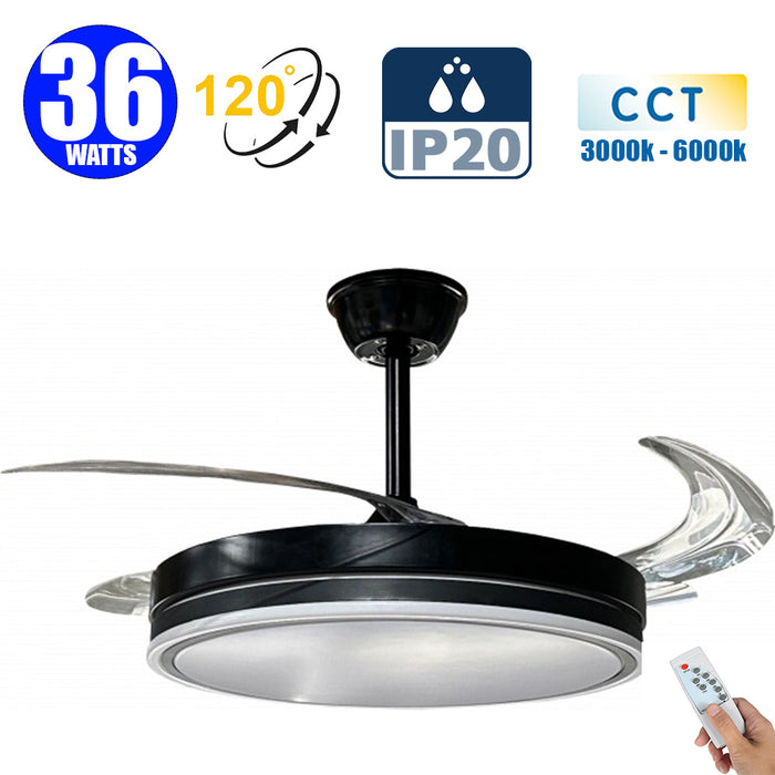 Ventilateur de plafond LED filaire - Série FRESH - 36 Watts - 2880 Lumens  - 80 Lumens/watt - CCT (Couleur Changeante en Température) 3000k/4000k/6000k - IP20 - Angle 120° -  1067mm de diamètre - Modèle Noir - Avec télécommande