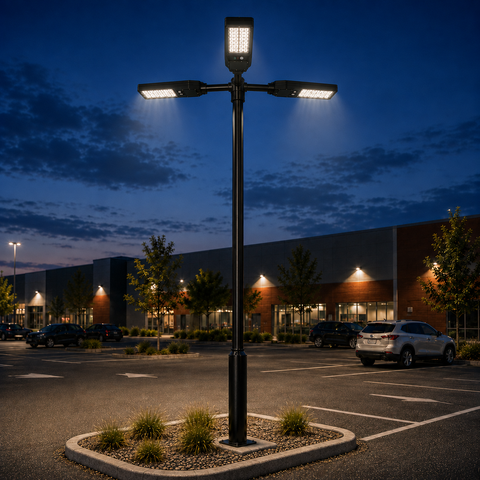 Pack lampadaire solaire complet triple tête 3/4/5/6 mètres au choix : 3x Lampes solaires - Série STREET EVO V2 CCT + Mât STANDARD V1 EVO + Adaptateur triple tête de mât + 3x Adaptateurs ajustables 80/50mm