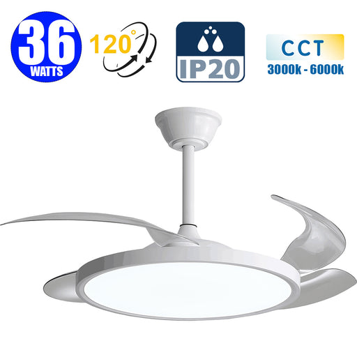 Ventilateur de plafond LED - Série FRESH - Version SLIM - 36 Watts - 2880 Lumens  - 80 Lumens/watt - CCT 3000k/4000k/6000k - IP20 - Angle 120° -  1067mm de diamètre - Modèle Blanc - Avec télécommande