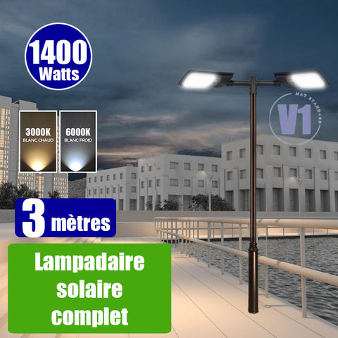Pack lampadaire complet double tête 3 mètres : 2x Lampadaires solaires - Série VIEW V2 EVO 1400 Watts - 4500 Lumens - 3000k/6000k au choix + Mât STANDARD V1 EVO 3 mètres + Double tête de mât en ligne ou perpendiculaire