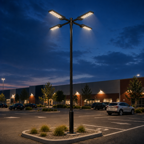 Pack lampadaire solaire complet quadruple tête 3/4/5/6 mètres au choix : 4x Lampadaires solaires - Série POWER ULTRA V2 CCT + Mât STANDARD V1 EVO + Adaptateur triple tête de mât + 4x Adaptateurs ajustables 80/50mm