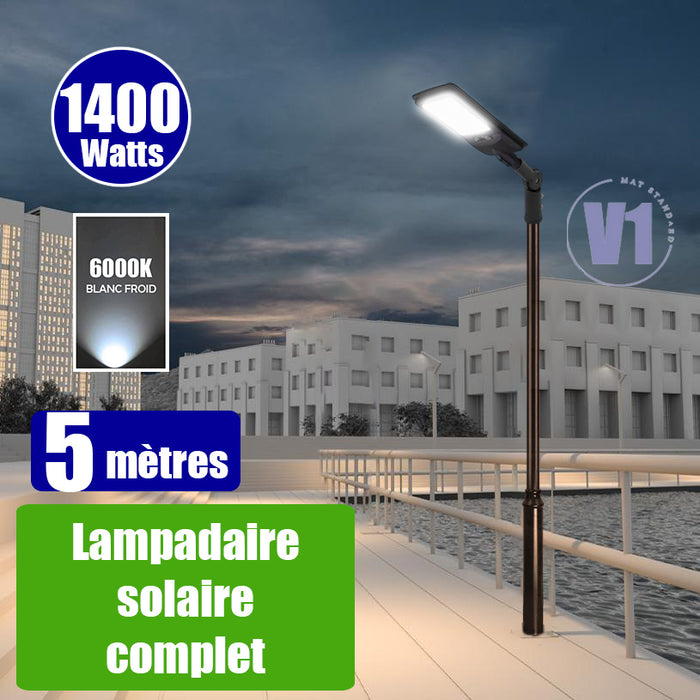 Pack lampadaire complet 5 mètres : Lampadaire solaire - Série VIEW V2 EVO 1400 Watts - 4500 Lumens - 6000k + Mât STANDARD V1 EVO 5 mètres + Adaptateur ajustable 80/50mm ou Support déporté 45mm