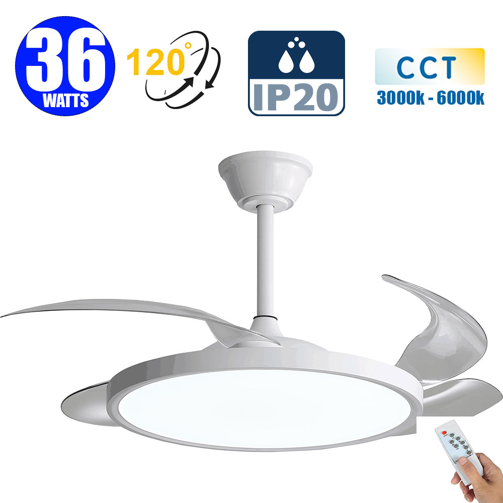 Ventilateur de plafond LED filaire - Série FRESH - Version SLIM - 36 Watts - 2880 Lumens  - 80 Lumens/watt - CCT (Couleur Changeante en Température) 3000k/4000k/6000k - IP20 - Angle 120° -  49 x 25 x 4 cm - Modèle Blanc - Avec télécommande