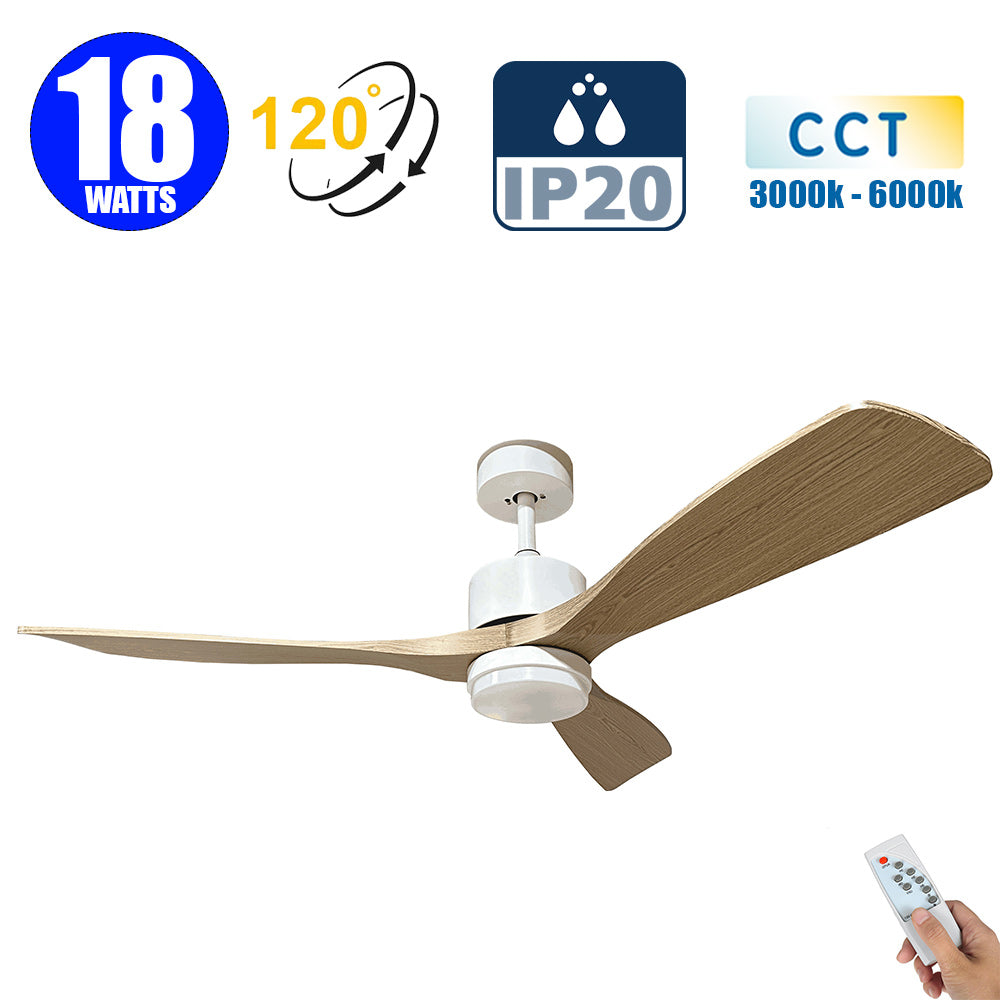 Ventilateur de plafond LED filaire - Série FRESH - Version BOIS - 18 Watts - 1440 Lumens - 80 Lumens/watt - CCT (Couleur Changeante en Température) 3000k/4000k/6000k - IP20 - Angle 120° -  122 x 4 cm - Modèle Blanc - Avec télécommande