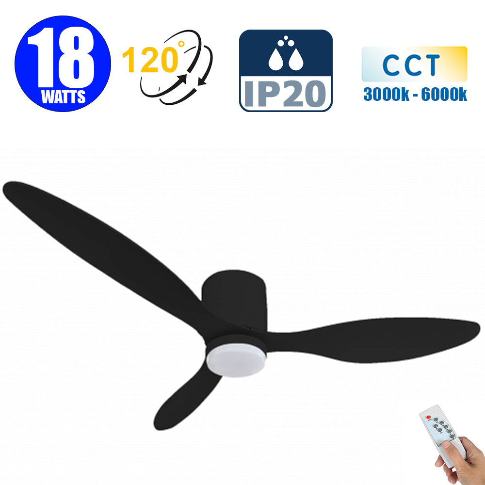 Ventilateur de plafond LED filaire - Série FRESH - 18 Watts - 1440 Lumens - 80 Lumens/watt - CCT (Couleur Changeante en Température) 3000k/4000k/6000k - IP20 - Angle 120° -  107 x 24 cm - Modèle Noir - Avec télécommande