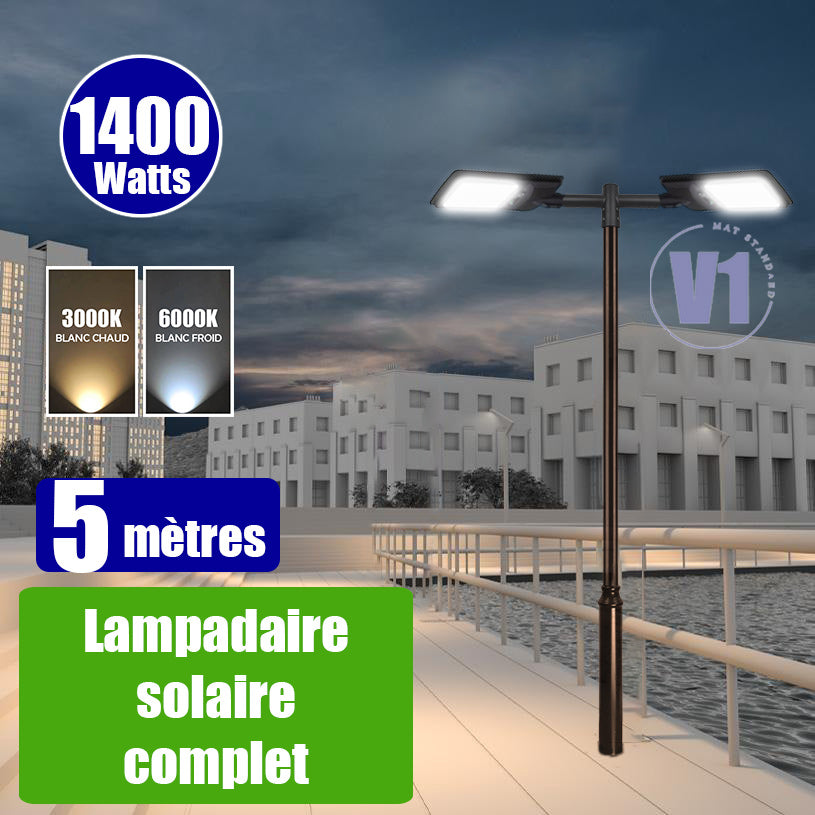 Pack lampadaire complet double tête 5 mètres : 2x Lampadaires solaires - Série VIEW V2 EVO 1400 Watts - 4500 Lumens - 3000k/6000k au choix + Mât STANDARD V1 EVO 5 mètres + Double tête de mât en ligne ou perpendiculaire