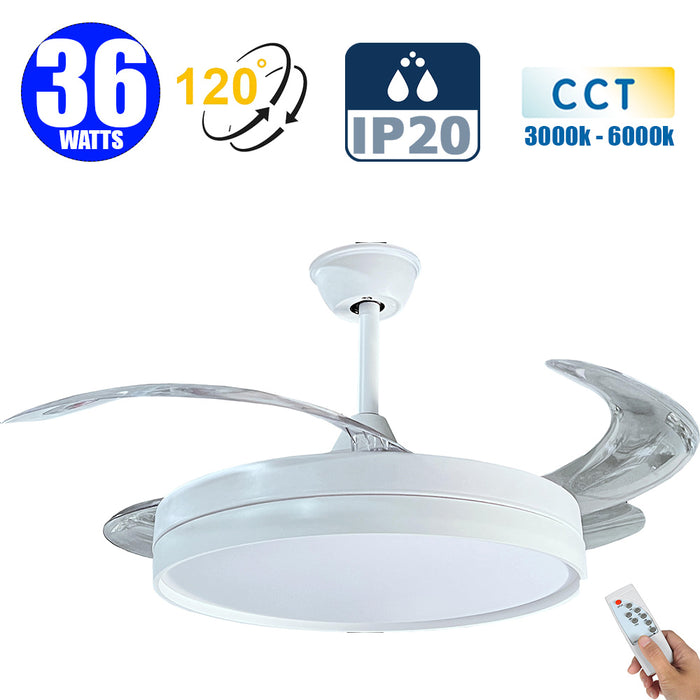 Ventilateur de plafond LED filaire - Série FRESH - 36 Watts - 2880 Lumens - 80 Lumens/watt - CCT (Couleur Changeante en Température) 3000k/4000k/6000k - IP20 - Angle 120° -  48 x 30 x 9 cm - Modèle Blanc - Avec télécommande
