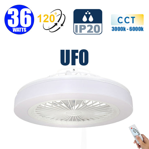 Ventilateur de plafond LED filaire - Série FRESH - Version OVNI - 36 Watts - 2880 Lumens - 80 Lumens/watt - CCT (Couleur Changeante en Température) 3000k/4000k/6000k - IP20 - Angle 120° -  48 x 17 x 7 cm - Modèle Blanc - Avec télécommande