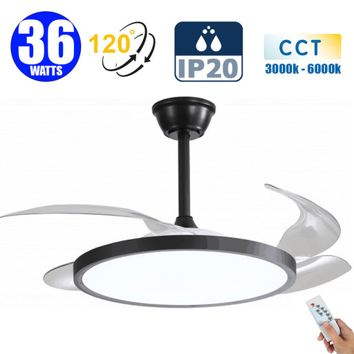 Ventilateur de plafond LED filaire - Série FRESH - Version SLIM - 36 Watts - 2880 Lumens  - 80 Lumens/watt - CCT (Couleur Changeante en Température) 3000k/4000k/6000k - IP20 - Angle 120° -  49 x 25 x 4 cm - Modèle Noir - Avec télécommande