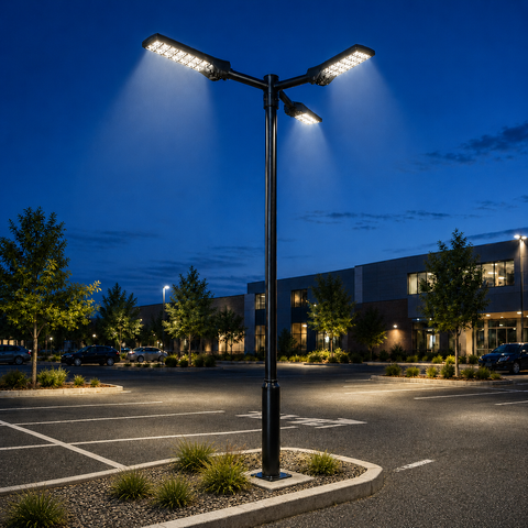 Pack lampadaire solaire complet triple tête 3/4/5/6 mètres au choix : 3x Lampadaires solaires - Série POWER ULTRA V2 CCT + Mât STANDARD V1 EVO + Adaptateur triple tête de mât + 3x Adaptateurs ajustables 80/50mm