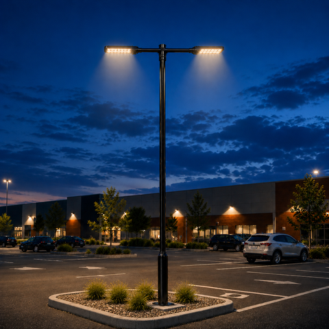 Pack lampadaire solaire complet double tête 3/4/5/6 mètres au choix : 2x Lampadaires solaires - Série POWER ULTRA V2 CCT + Mât STANDARD V1 EVO + Adaptateur double tête de mât + 2x Adaptateurs ajustables 80/50mm