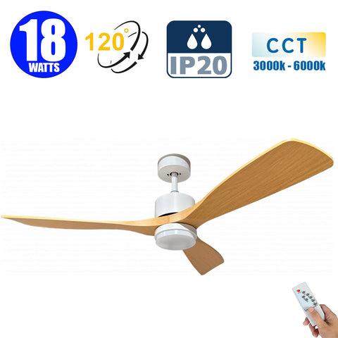 Ventilateur de plafond LED filaire - Série FRESH - Version BOIS - 18 Watts - 1440 Lumens - 80 Lumens/watt - CCT (Couleur Changeante en Température) 3000k/4000k/6000k - IP20 - Angle 120° -  122 x 4 cm - Modèle Blanc - Avec télécommande