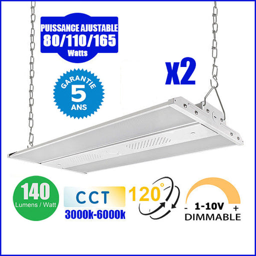 DERNIER DU STOCK : 2x Lampes industrielles linéaires – Série FUSION – 9 en 1 - Puissance ajustable 80/110/165W - CCT 3000/4000/6000k - 140 Lumens/Watt - IP40 - Angle 120° - 60 x 30 x 4,7 cm - Dimmable - Garantie 5 ans