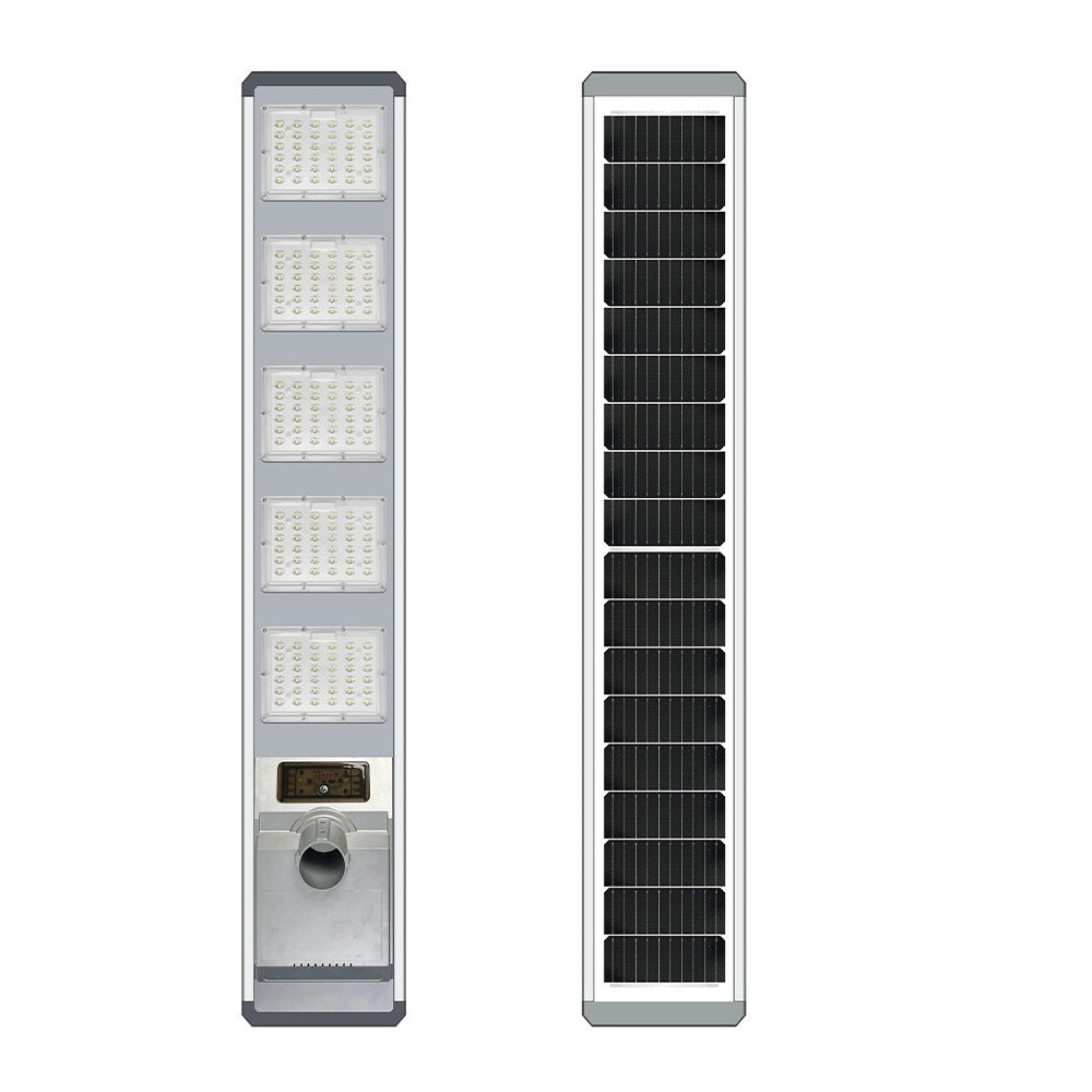 Lampe de rue solaire - Série VIBRATION - 5640 Lumens - 500 Watts - Structure Aluminium + ABS - Dimensions 1500 x 255 mm - Panneau solaire 55W MONOCRISTALLIN - Autonomie 12 heures