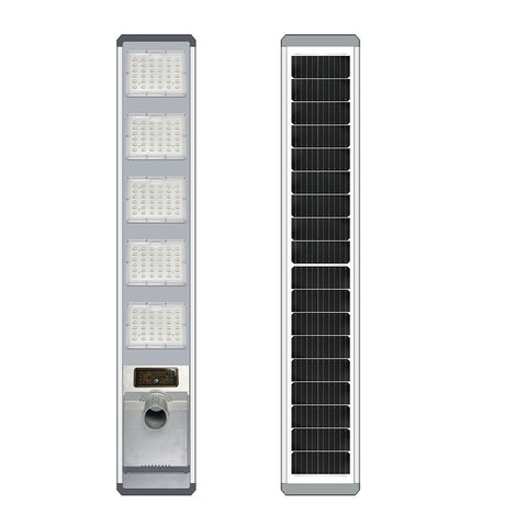 Lampe de rue solaire - Série VIBRATION - 5640 Lumens - 500 Watts - Structure Aluminium + ABS - Dimensions 1500 x 255 mm - Panneau solaire 55W MONOCRISTALLIN - Autonomie 12 heures