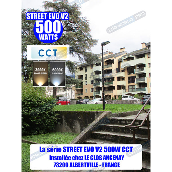 Pack de 2x Lampes de rue et parking Solaires - Série STREET EVO V2 – Rendu lumineux 500 Watts - 4800 Lumens - CCT - 140x70° - Télécommande - Détecteur de mouvement - Diamètre d’insertion 60 mm - 52 x 23 x 10 cm – Installation sur mât et murale