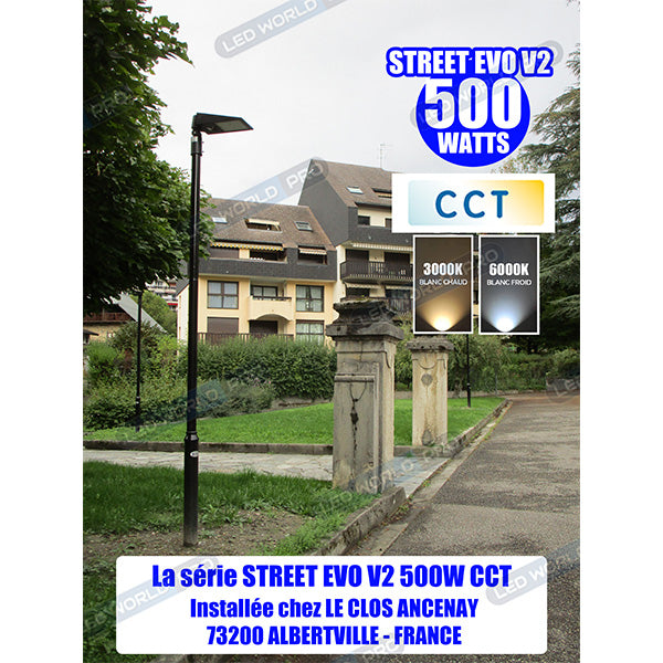 Pack de 4x Lampes de rue et parking Solaires - Série STREET EVO V2 – Rendu lumineux 500 Watts - 4800 Lumens - CCT - 140x70° - Télécommande - Détecteur de mouvement - Diamètre d’insertion 60 mm - 52 x 23 x 10 cm – Installation sur mât et murale