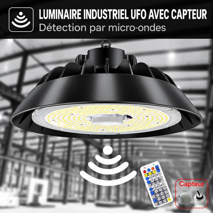 Lampe industrielle UFO - Série LIGHT V3 SENSOR - Avec détecteur de mouvement - 200 Watts - 30 000 Lumens - 150 Lumens/Watt - Angle 120° - IP65 - 32 x 13 cm - Transformateur SOSEN - Dimmable 0 à 10V - 3000k/4000k/6000k - Garantie 5 ans