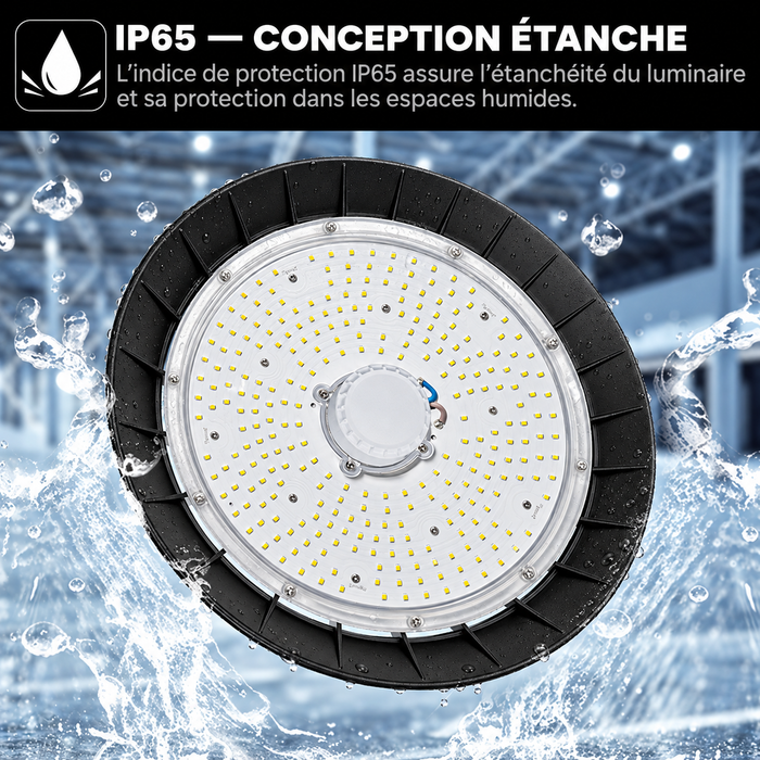 Lampe industrielle UFO - Série LIGHT V3 SENSOR - Avec détecteur de mouvement - 200 Watts - 30 000 Lumens - 150 Lumens/Watt - Angle 120° - IP65 - 32 x 13 cm - Transformateur SOSEN - Dimmable 0 à 10V - 3000k/4000k/6000k - Garantie 5 ans