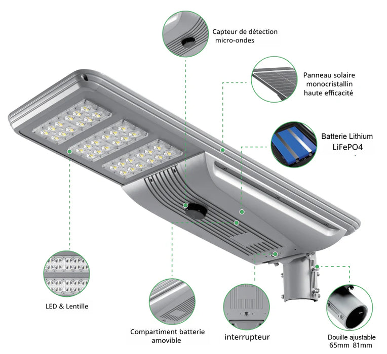 Lampe de rue solaire - Série STREET V3 - 24 000 - Lumens - 120 Watts - Structure Aluminium - Dimensions 2006 x 408 x 150 mm - Panneau solaire 150W MONOCRISTALLIN - Autonomie 12 heures - Garantie 3 ans