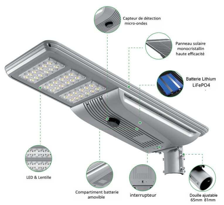 Lampe de rue solaire - Série STREET V3 -  6000 Lumens - 30 Watts - Structure Aluminium - Dimensions 828 x 408 x 150 mm - Panneau solaire 50W MONOCRISTALLIN - Autonomie 12 heures - Garantie 3 ans