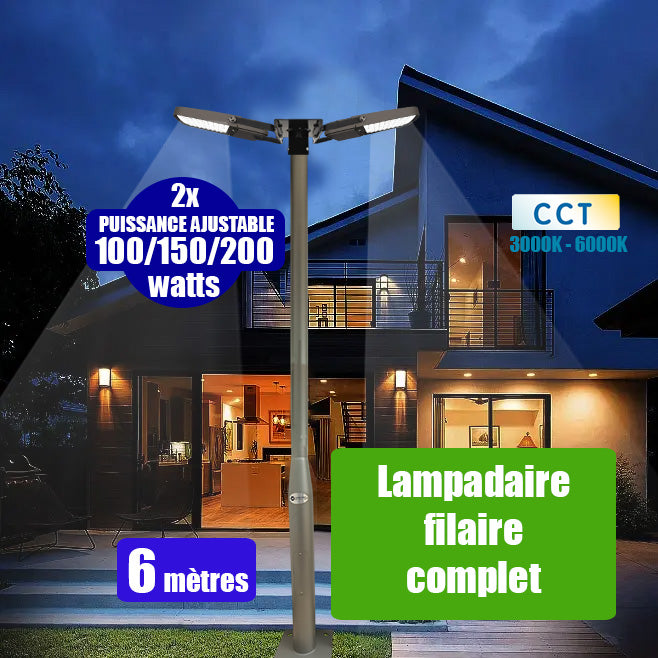 Pack lampadaire filaire complet double tête 6 mètres : 2x Projecteurs LED filaires - Série ULTIME P1 - 100W / 150W / 200W - CCT + Mât STANDARD - 6 mètres avec trappe au choix (Série STANDARD V2 EVO ou Série STANDARD V4 EVO) + Tête de mât rectangulaire