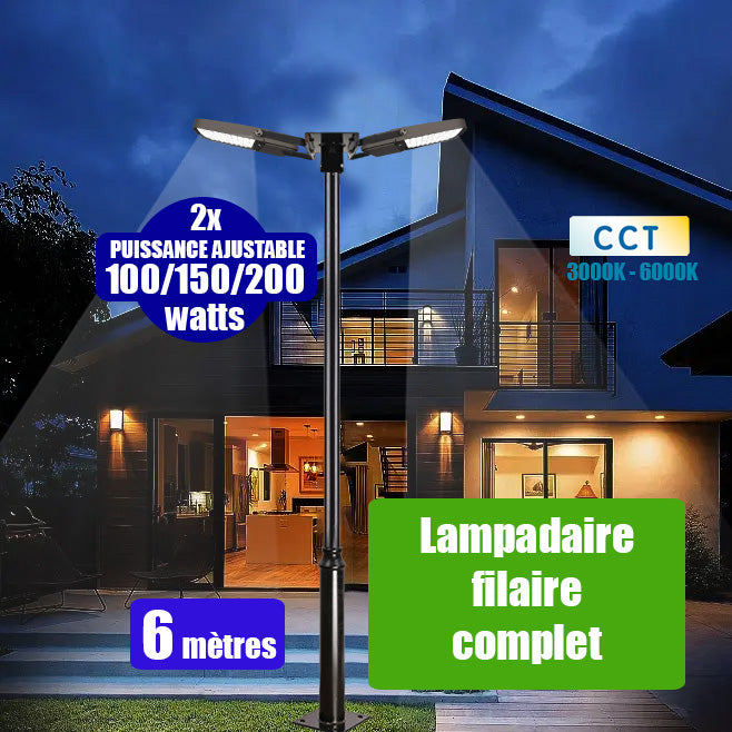 Pack lampadaire filaire complet double tête 6 mètres : 2x Projecteurs LED filaires - Série ULTIME P1 - 100W / 150W / 200W - CCT + Mât STANDARD - 6 mètres avec trappe au choix (Série STANDARD V2 EVO ou Série STANDARD V4 EVO) + Tête de mât rectangulaire