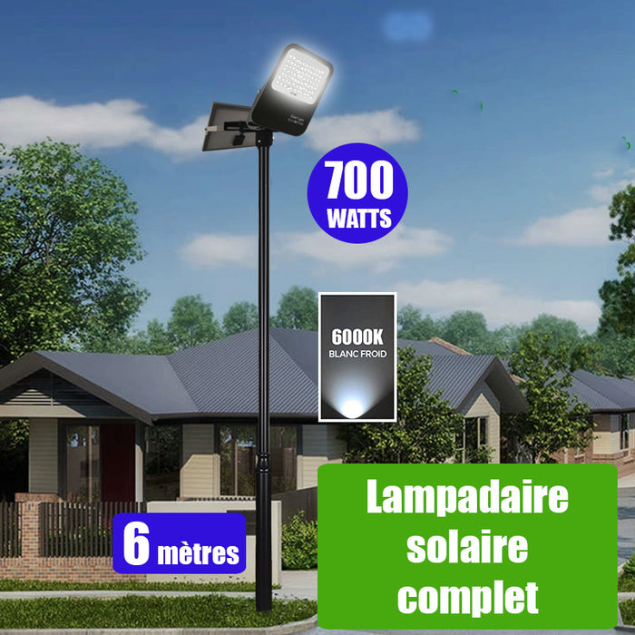 Pack lampadaire solaire complet 6 mètres : Projecteur LED solaire - Série BIG BOY V3 - 700 Watts - 4000 Lumens - 6000k - Modèle NOIR + Mât STANDARD (V1 EVO ou V4 EVO - Avec trappe) + Tête de mât rectangulaire
