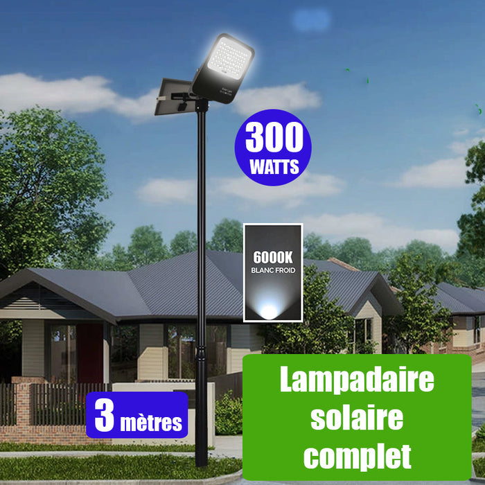 Pack lampadaire solaire complet 3 mètres : Projecteur LED solaire - Série BIG BOY V3 - 300 Watts - 1400 Lumens - 6000k - Modèle NOIR + Mât STANDARD (V1 EVO ou V4 EVO - Avec trappe) + Tête de mât rectangulaire