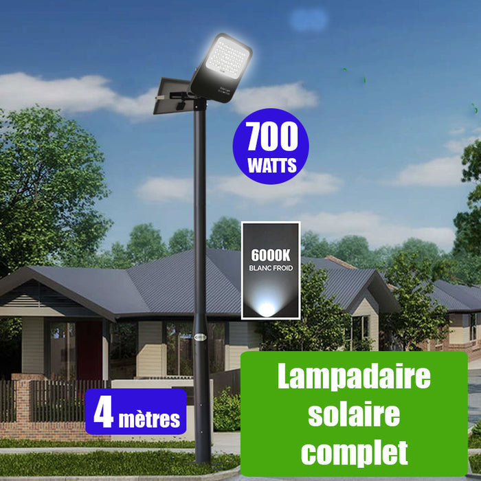Pack lampadaire solaire complet 4 mètres : Projecteur LED solaire - Série BIG BOY V3 - 700 Watts - 4000 Lumens - 6000k - Modèle NOIR + Mât STANDARD (V1 EVO ou V4 EVO - Avec trappe) + Tête de mât rectangulaire