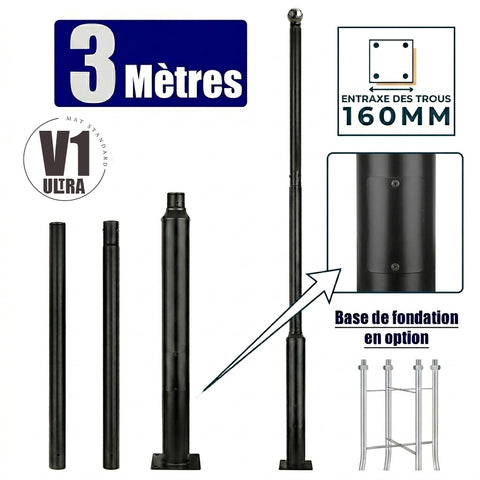 Mât / Poteau pour lampe de rue - Série STANDARD V1 ULTRA - 3 mètres - Avec trappe - Entraxe latéral des trous 160mm - Couleur Noir - Base de fondation