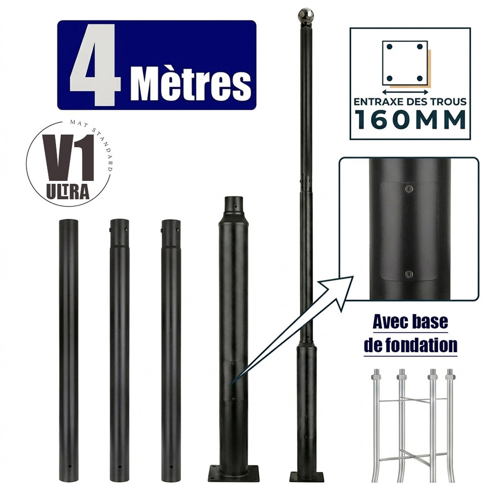 Mât / Poteau pour lampe de rue - Série STANDARD V1 ULTRA - 4 mètres - Avec trappe - Entraxe latéral des trous 160mm - Couleur Noir - Base de fondation